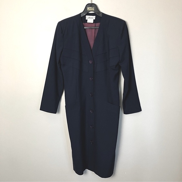 Vintage Dresses & Skirts - Vintage dress 100% wool button-up navy blue v-neck retro rockabilly